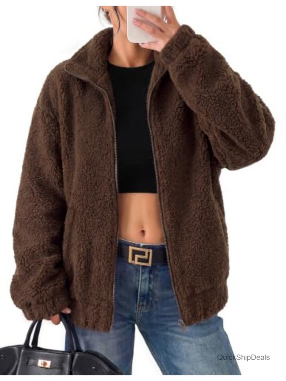 Sherpa Fleece Jacket Plaid Full Zip Oversized Teddy Coat Pockets